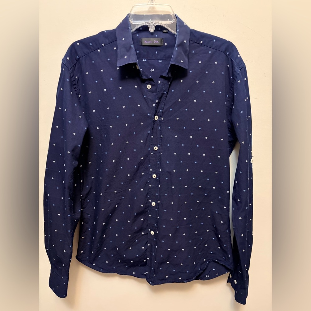 MASSIMO DUTTI Navy Cotton Button Down Shirt w/ Dots